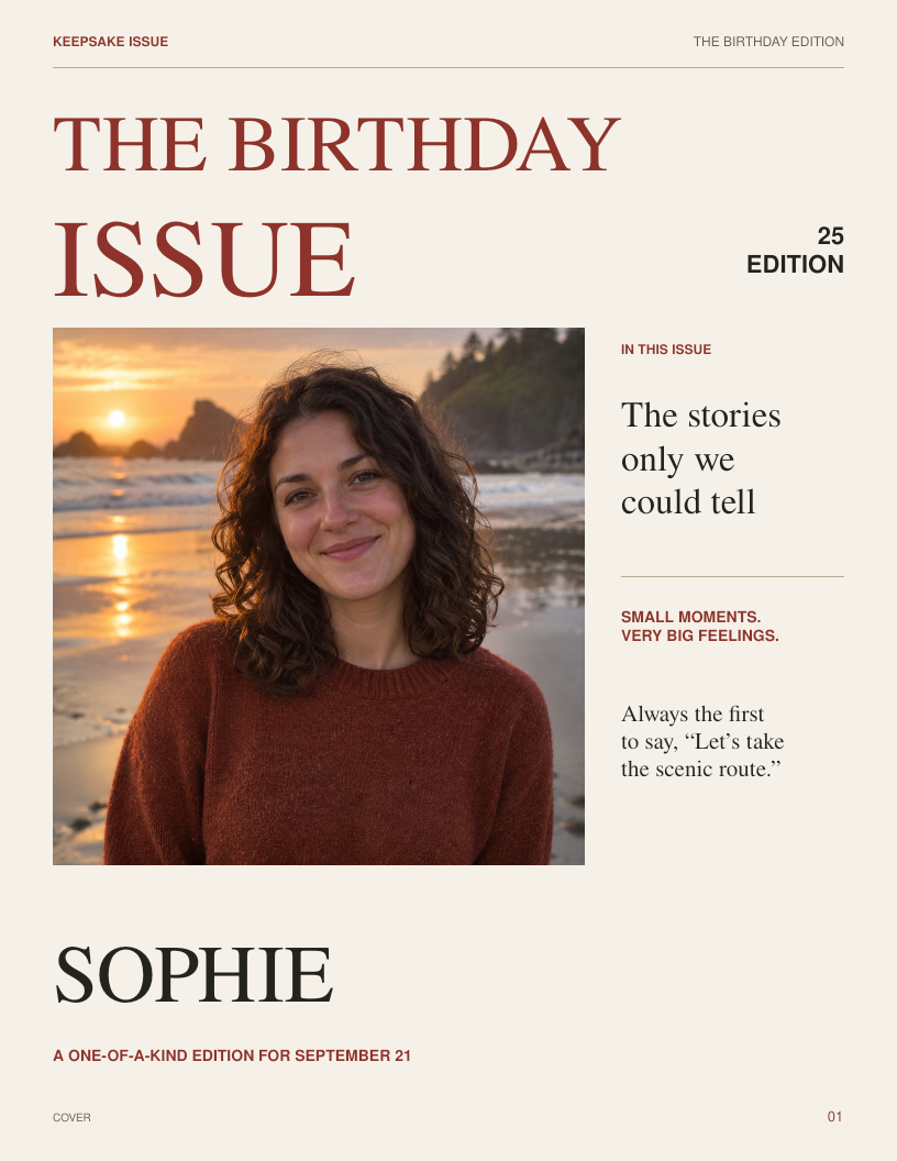 Completed fictional Birthday Issue cover for Sophie, with a beach portrait, age and personal cover line