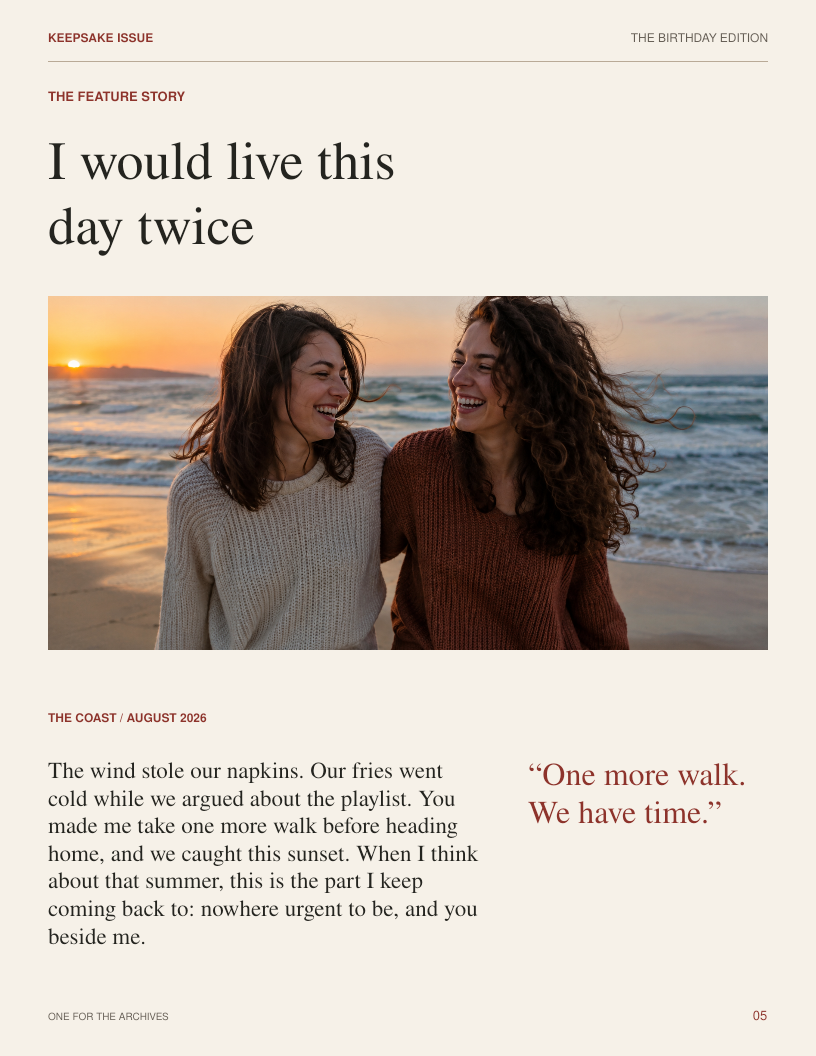 Completed fictional memory page with friends at sunset and a personal story about their day at the coast