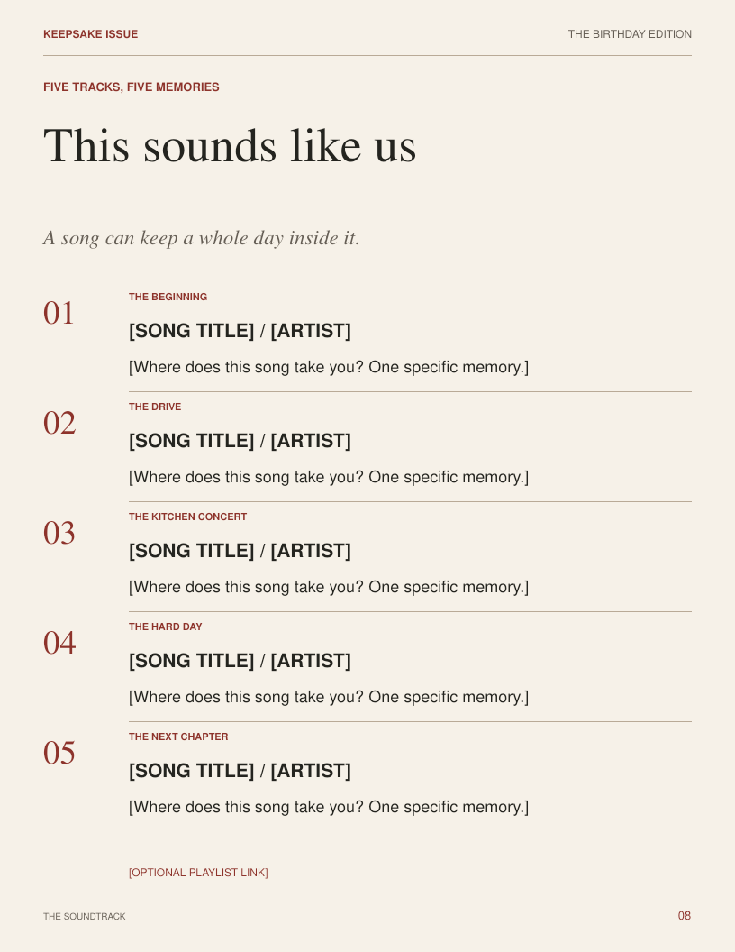 Soundtrack page with five editable song and artist fields and memory prompts